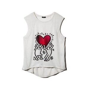 Terez x Keith Haring Heart Graphic Muscle Tank Top Grey Linen Blend Women Large